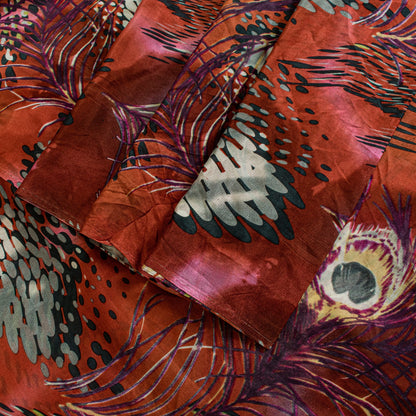 Sanskriti Vintage Soft Orange Pure Silk Sari Feather Digital Print Saree 6.5+Yd