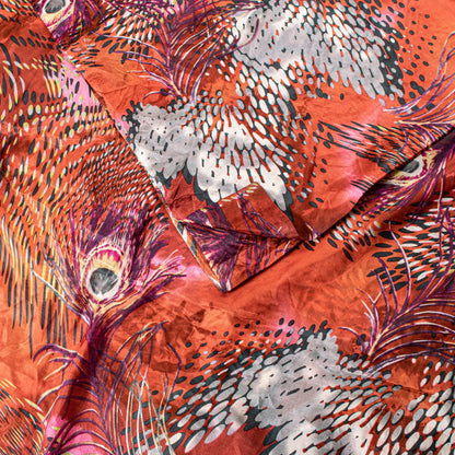Sanskriti Vintage Soft Orange Pure Silk Sari Feather Digital Print Saree 6.5+Yd
