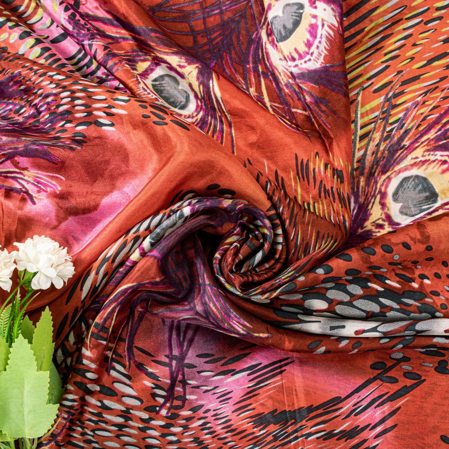 Sanskriti Vintage Soft Orange Pure Silk Sari Feather Digital Print Saree 6.5+Yd