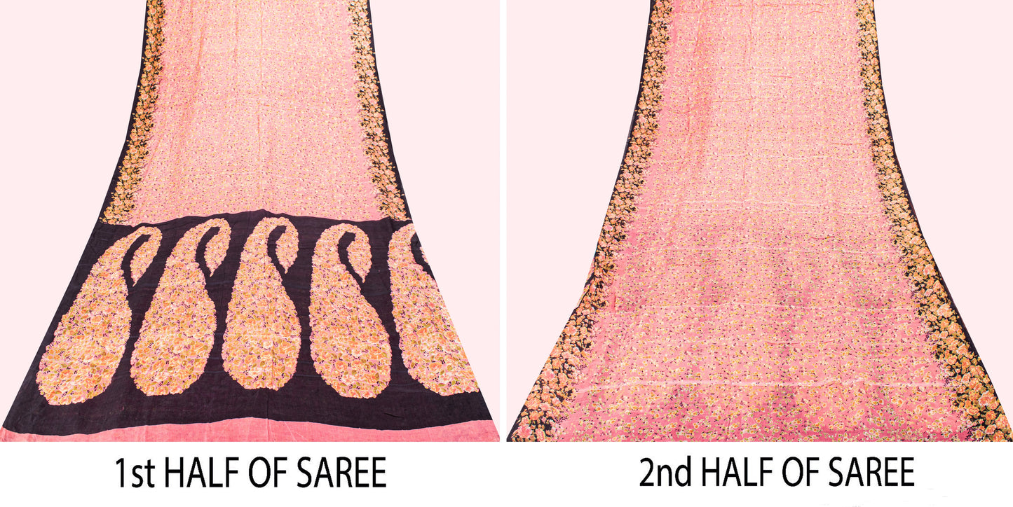 Sanskriti Vintage Soft Pink Pure Silk Sari Paisley Digital Printed Saree 5.5 YD