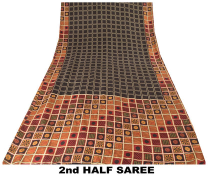 Sanskriti Vintage Soft Black Pure Silk Sari Geometric Digital Print Saree 6.5Yd