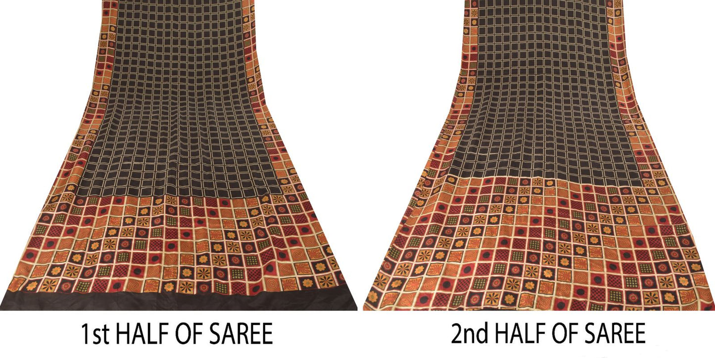 Sanskriti Vintage Soft Black Pure Silk Sari Geometric Digital Print Saree 6.5Yd