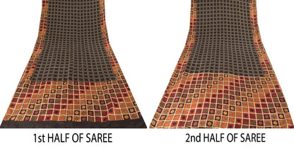 Sanskriti Vintage Soft Black Pure Silk Sari Geometric Digital Print Saree 6.5Yd