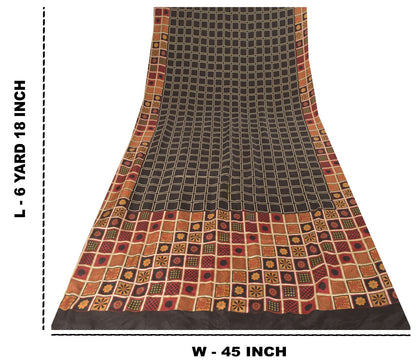 Sanskriti Vintage Soft Black Pure Silk Sari Geometric Digital Print Saree 6.5Yd