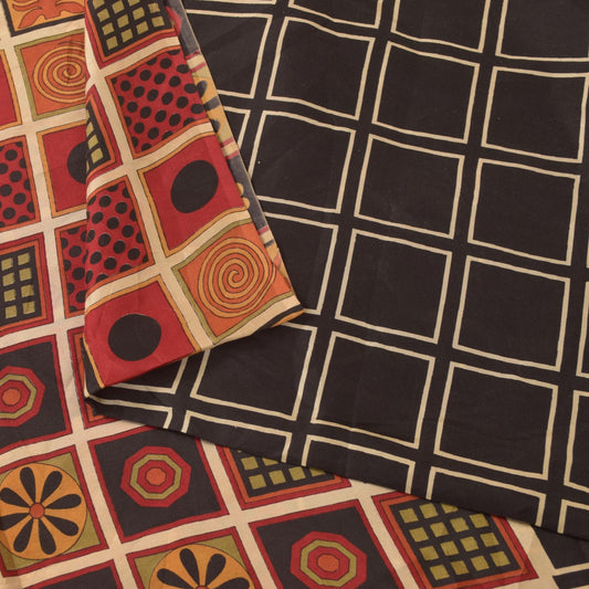 Sanskriti Vintage Soft Black Pure Silk Sari Geometric Digital Print Saree 6.5Yd