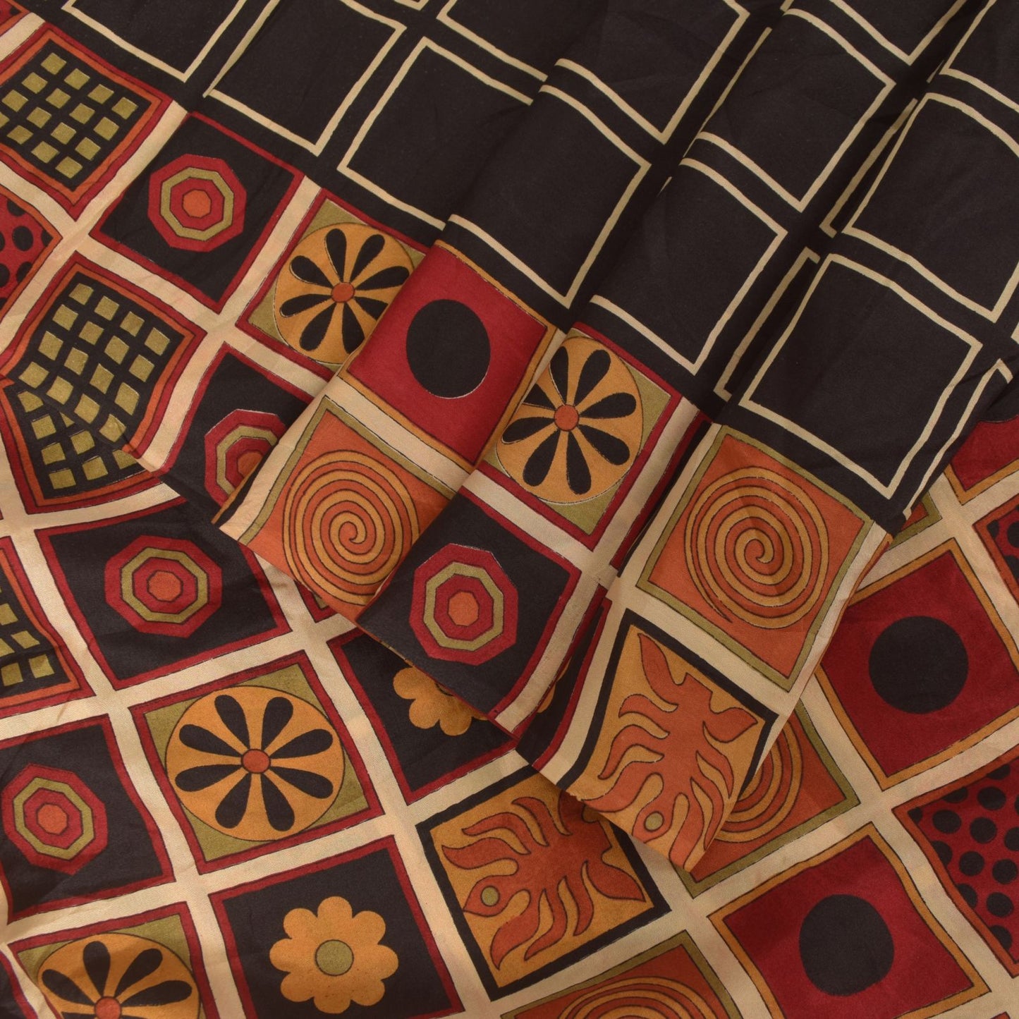Sanskriti Vintage Soft Black Pure Silk Sari Geometric Digital Print Saree 6.5Yd