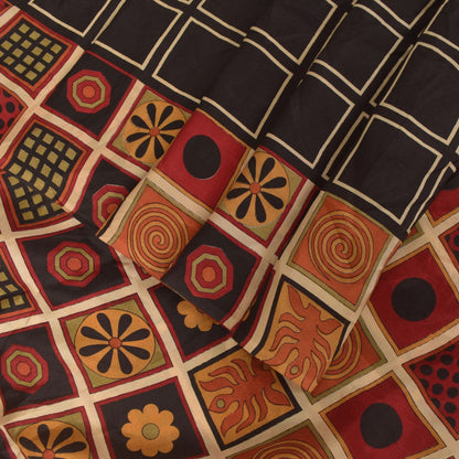 Sanskriti Vintage Soft Black Pure Silk Sari Geometric Digital Print Saree 6.5Yd