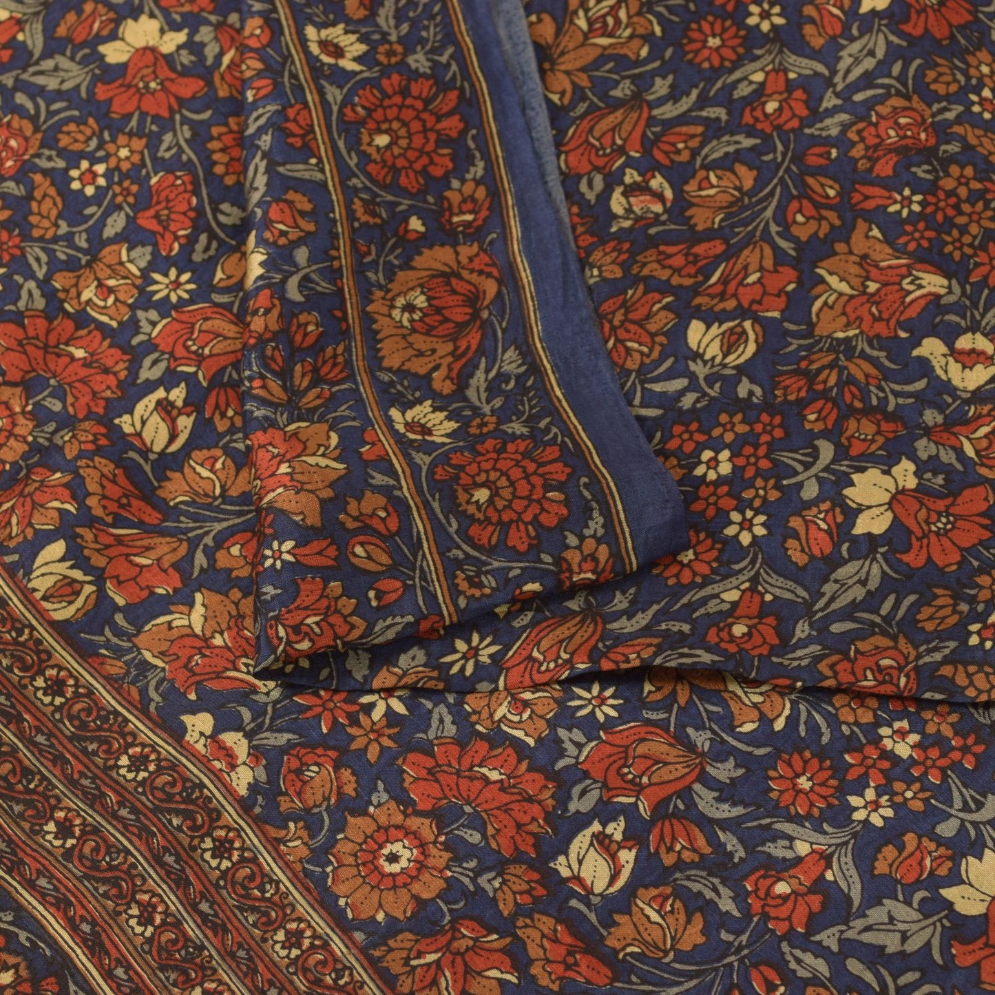Sanskriti Vintage Soft Blue-Red Pure Silk Sari Floral Digital Print Saree 5.5Yd