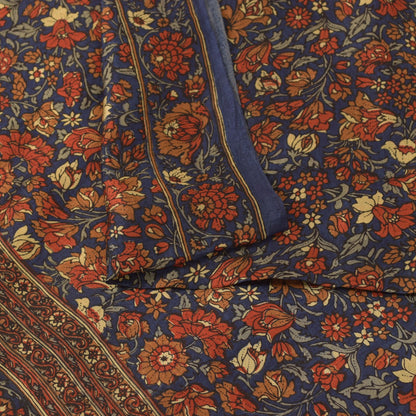 Sanskriti Vintage Soft Blue-Red Pure Silk Sari Floral Digital Print Saree 5.5Yd