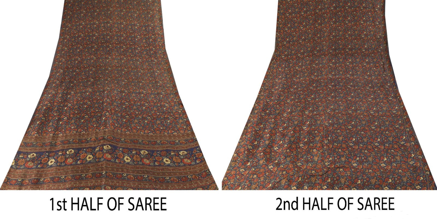 Sanskriti Vintage Soft Blue-Red Pure Silk Sari Floral Digital Print Saree 5.5Yd