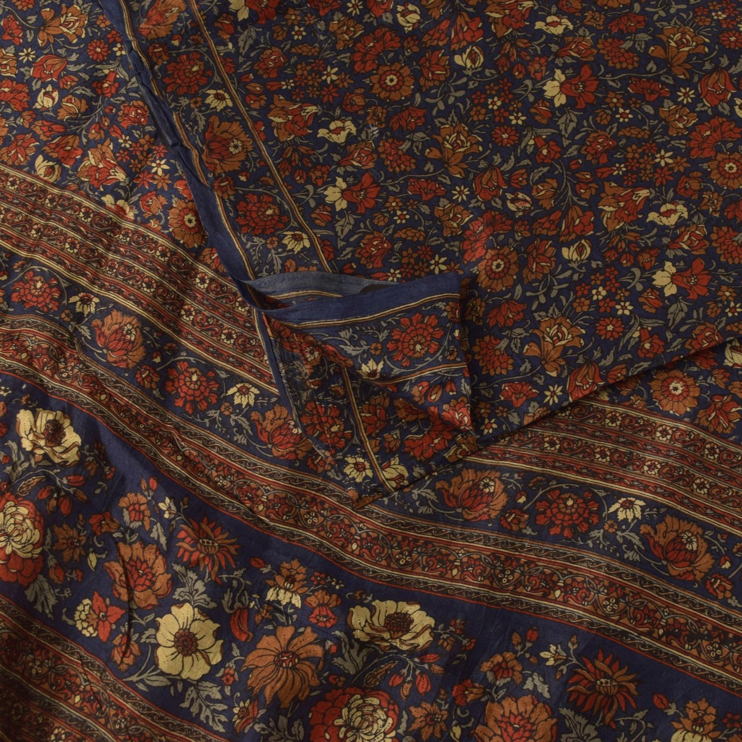Sanskriti Vintage Soft Blue-Red Pure Silk Sari Floral Digital Print Saree 5.5Yd