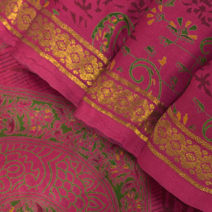 Sanskriti Vintage Soft Pink Pure Silk Sari Digital Print Zari Border Saree 6+Yd