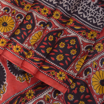 Sanskriti Vintage Soft Blue-Red Pure Silk Sari Floral Block Printed Saree 5.5Yd
