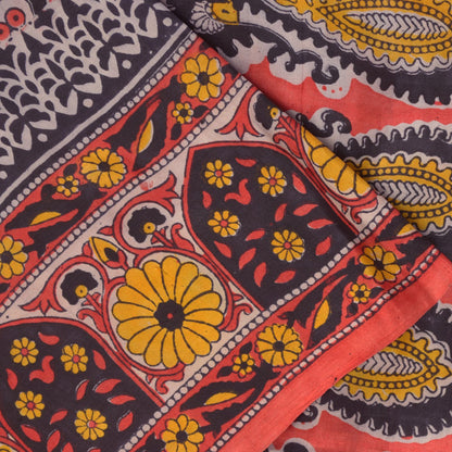 Sanskriti Vintage Soft Blue-Red Pure Silk Sari Floral Block Printed Saree 5.5Yd