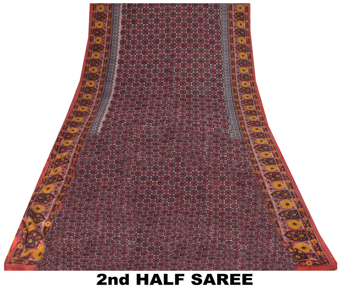 Sanskriti Vintage Soft Blue-Red Pure Silk Sari Floral Block Printed Saree 5.5Yd