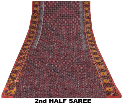 Sanskriti Vintage Soft Blue-Red Pure Silk Sari Floral Block Printed Saree 5.5Yd
