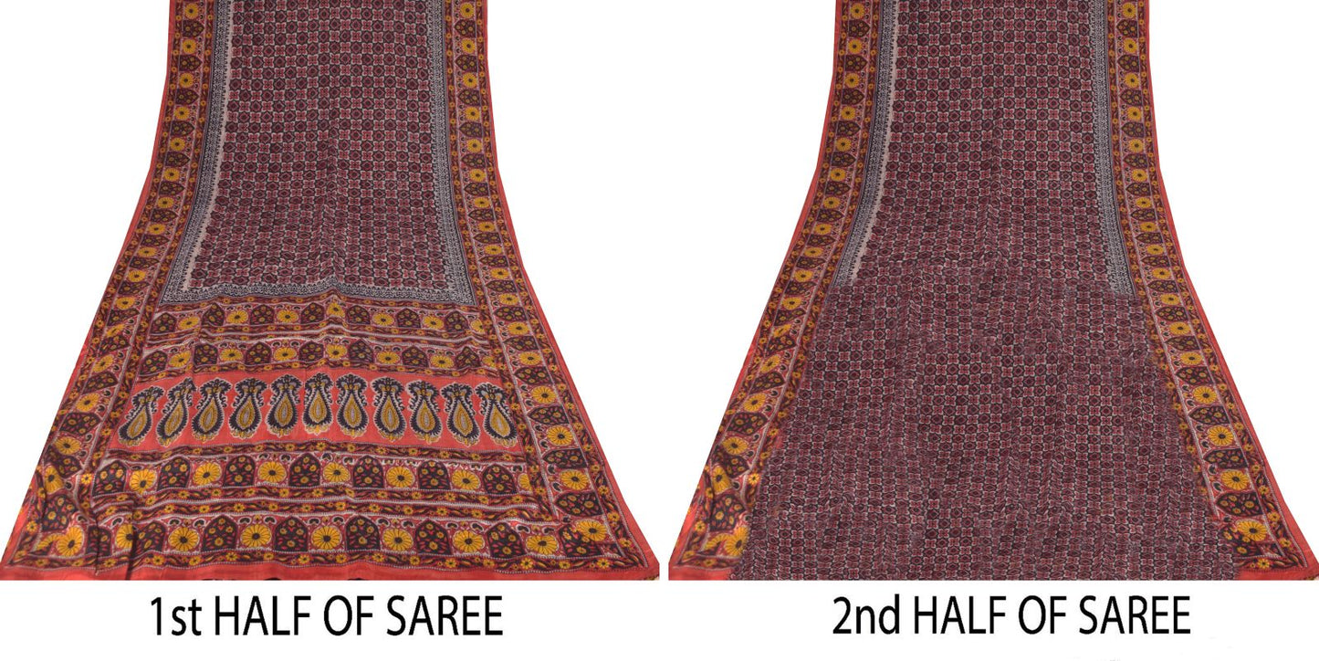 Sanskriti Vintage Soft Blue-Red Pure Silk Sari Floral Block Printed Saree 5.5Yd