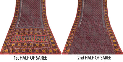 Sanskriti Vintage Soft Blue-Red Pure Silk Sari Floral Block Printed Saree 5.5Yd