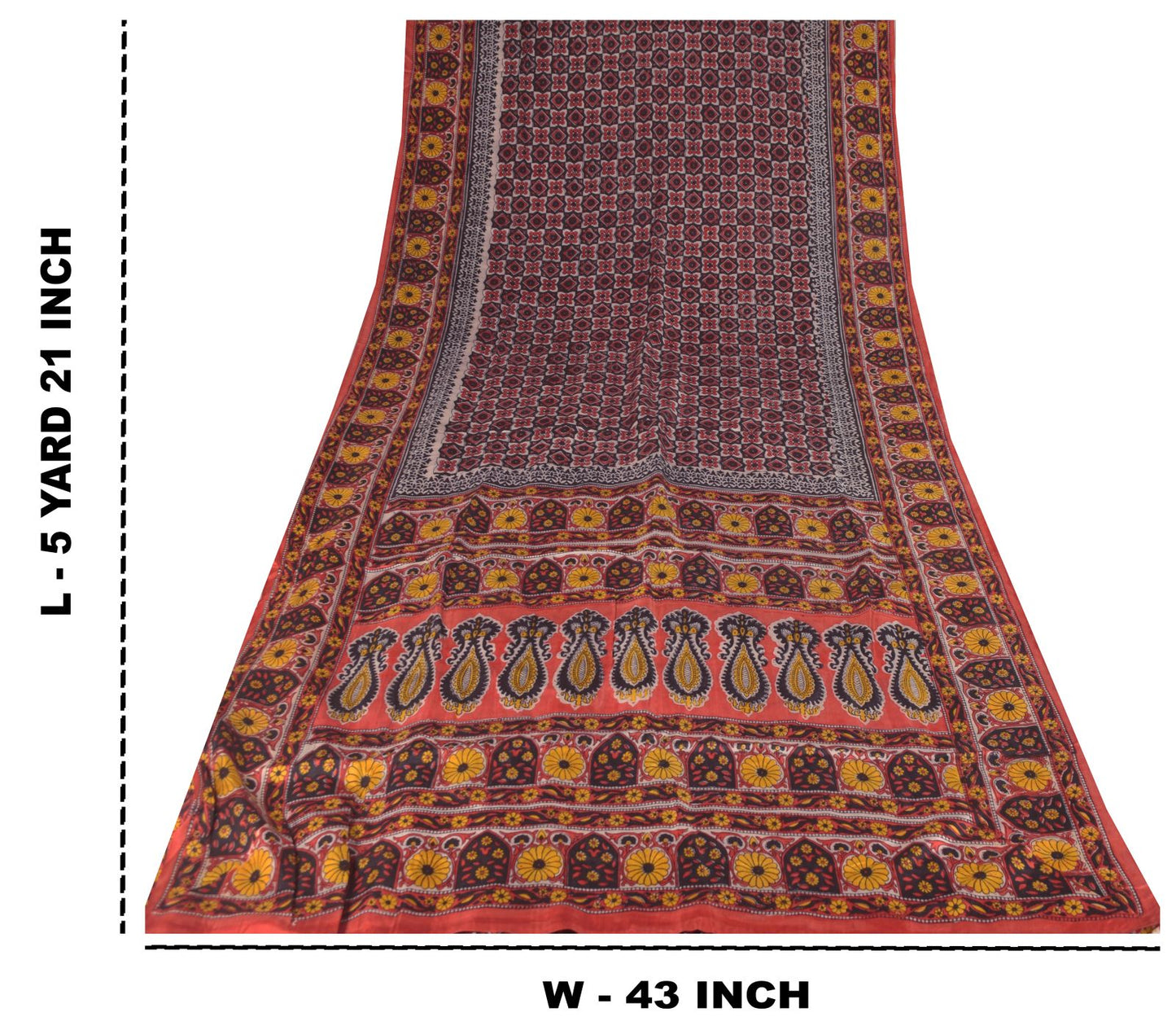 Sanskriti Vintage Soft Blue-Red Pure Silk Sari Floral Block Printed Saree 5.5Yd