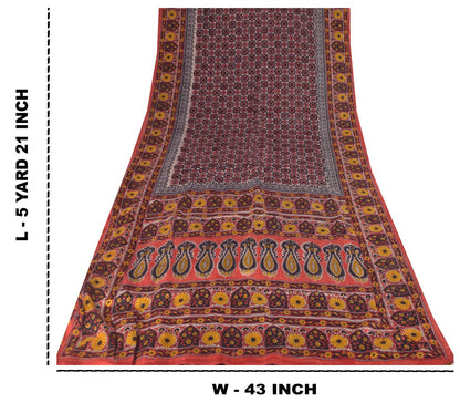 Sanskriti Vintage Soft Blue-Red Pure Silk Sari Floral Block Printed Saree 5.5Yd