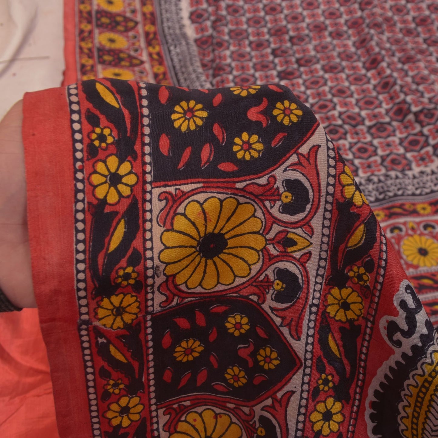 Sanskriti Vintage Soft Blue-Red Pure Silk Sari Floral Block Printed Saree 5.5Yd
