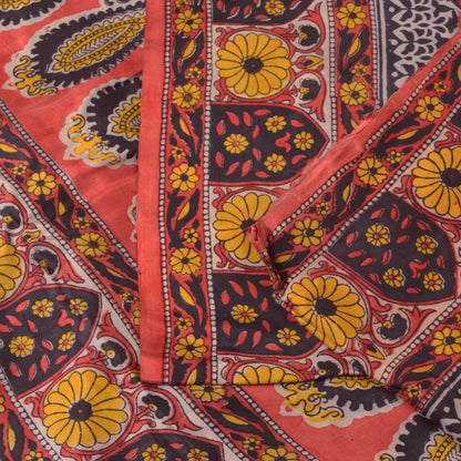 Sanskriti Vintage Soft Blue-Red Pure Silk Sari Floral Block Printed Saree 5.5Yd