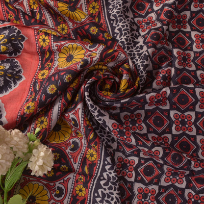Sanskriti Vintage Soft Blue-Red Pure Silk Sari Floral Block Printed Saree 5.5Yd