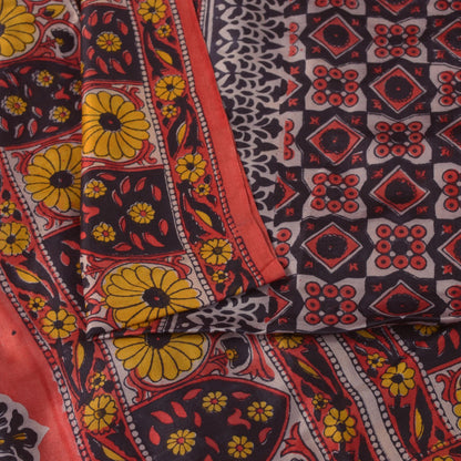 Sanskriti Vintage Soft Blue-Red Pure Silk Sari Floral Block Printed Saree 5.5Yd