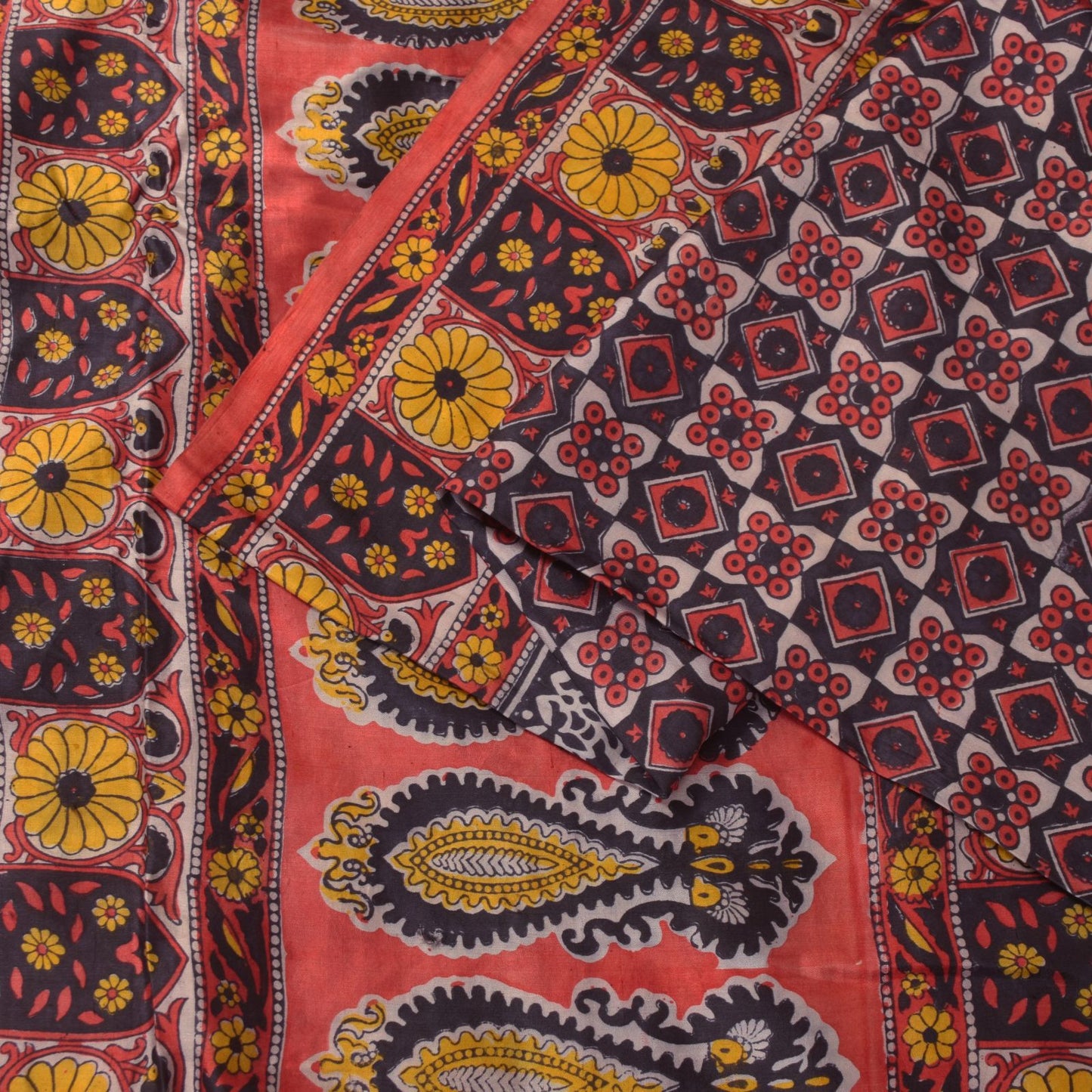 Sanskriti Vintage Soft Blue-Red Pure Silk Sari Floral Block Printed Saree 5.5Yd