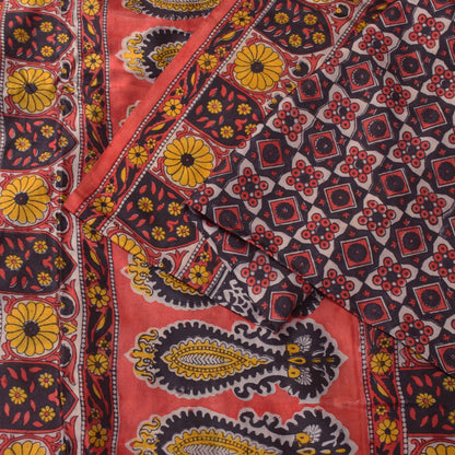 Sanskriti Vintage Soft Blue-Red Pure Silk Sari Floral Block Printed Saree 5.5Yd