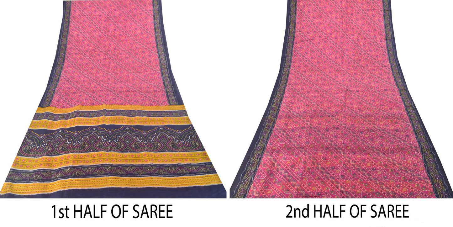 Sanskriti Vintage Soft Pink-Blue Pure Silk Sari Bandhani Print GujratSaree 5.5Yd