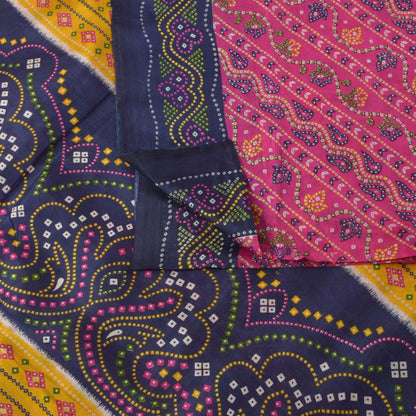 Sanskriti Vintage Soft Pink-Blue Pure Silk Sari Bandhani Print GujratSaree 5.5Yd