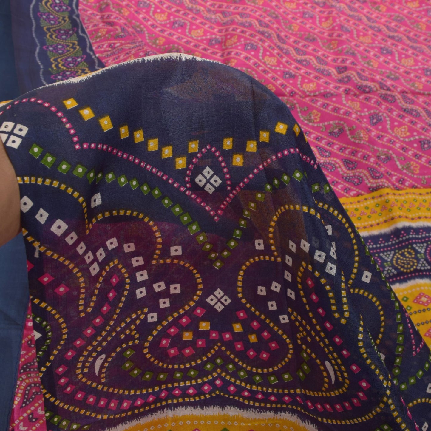Sanskriti Vintage Soft Pink-Blue Pure Silk Sari Bandhani Print GujratSaree 5.5Yd