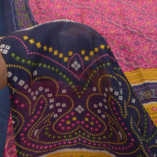 Sanskriti Vintage Soft Pink-Blue Pure Silk Sari Bandhani Print GujratSaree 5.5Yd