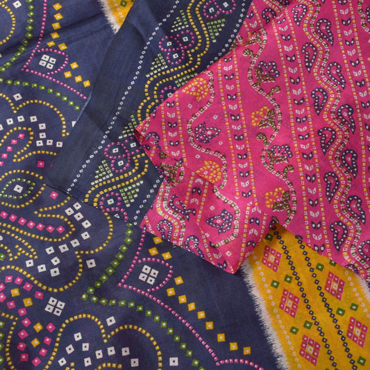 Sanskriti Vintage Soft Pink-Blue Pure Silk Sari Bandhani Print GujratSaree 5.5Yd