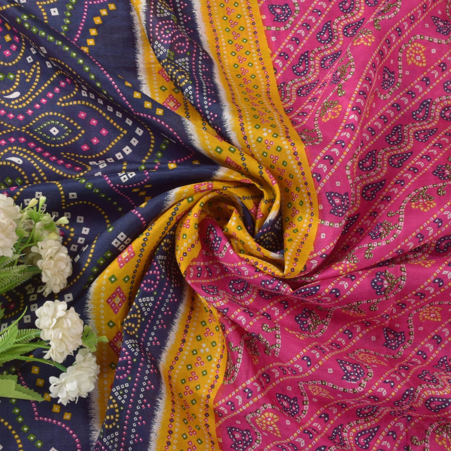 Sanskriti Vintage Soft Pink-Blue Pure Silk Sari Bandhani Print GujratSaree 5.5Yd