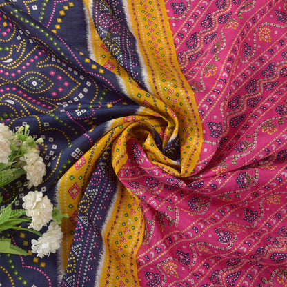 Sanskriti Vintage Soft Pink-Blue Pure Silk Sari Bandhani Print GujratSaree 5.5Yd