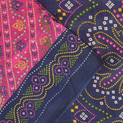 Sanskriti Vintage Soft Pink-Blue Pure Silk Sari Bandhani Print GujratSaree 5.5Yd