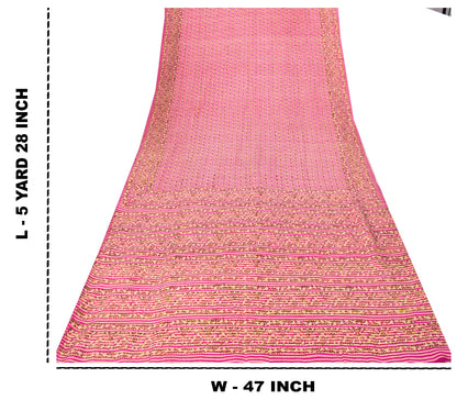 Sanskriti Vintage Sari Pink Pure Silk Floral Print Saree Rotary Screen 5.5Yard