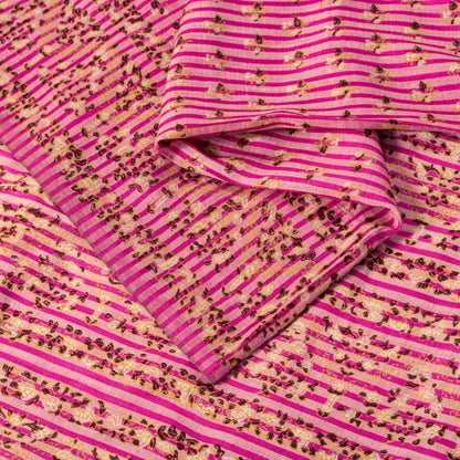 Sanskriti Vintage Sari Pink Pure Silk Floral Print Saree Rotary Screen 5.5Yard