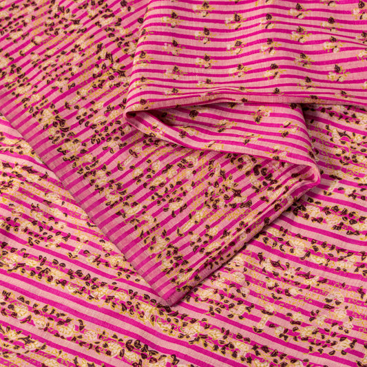 Sanskriti Vintage Sari Pink Pure Silk Floral Print Saree Rotary Screen 5.5Yard