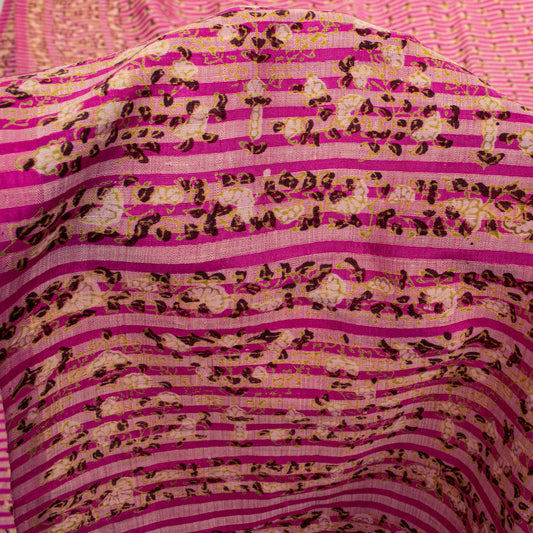Sanskriti Vintage Sari Pink Pure Silk Floral Print Saree Rotary Screen 5.5Yard