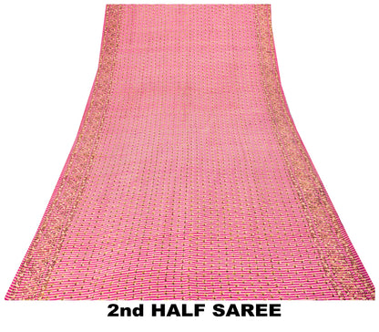 Sanskriti Vintage Sari Pink Pure Silk Floral Print Saree Rotary Screen 5.5Yard