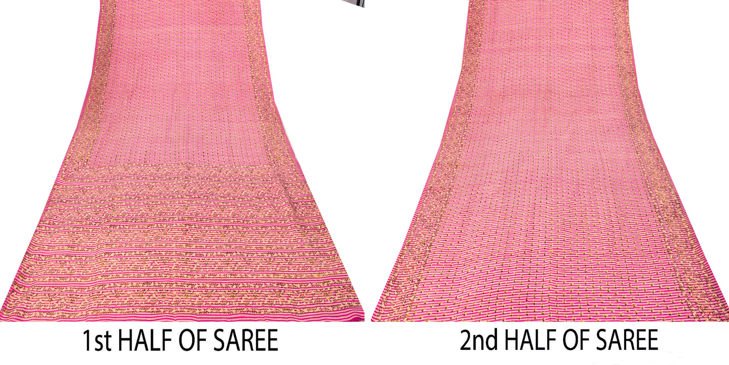 Sanskriti Vintage Sari Pink Pure Silk Floral Print Saree Rotary Screen 5.5Yard