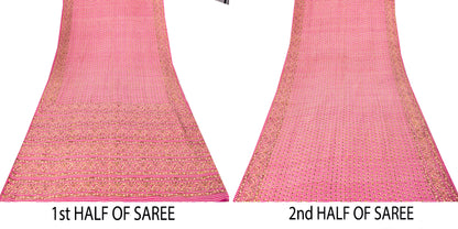 Sanskriti Vintage Sari Pink Pure Silk Floral Print Saree Rotary Screen 5.5Yard