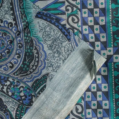 Sanskriti Vintage Sari Grey Pure Silk Paisley Print Woven Border Saree 5.5 Yard