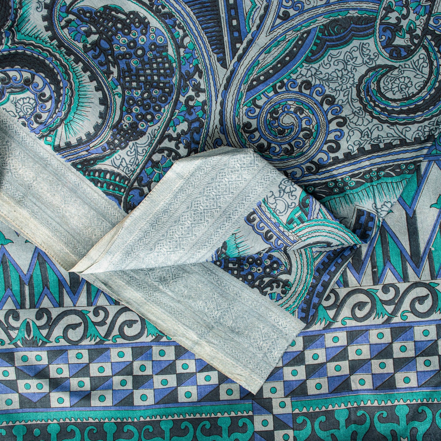 Sanskriti Vintage Sari Grey Pure Silk Paisley Print Woven Border Saree 5.5 Yard