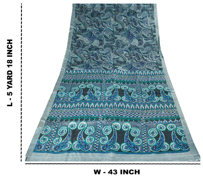 Sanskriti Vintage Sari Grey Pure Silk Paisley Print Woven Border Saree 5.5 Yard