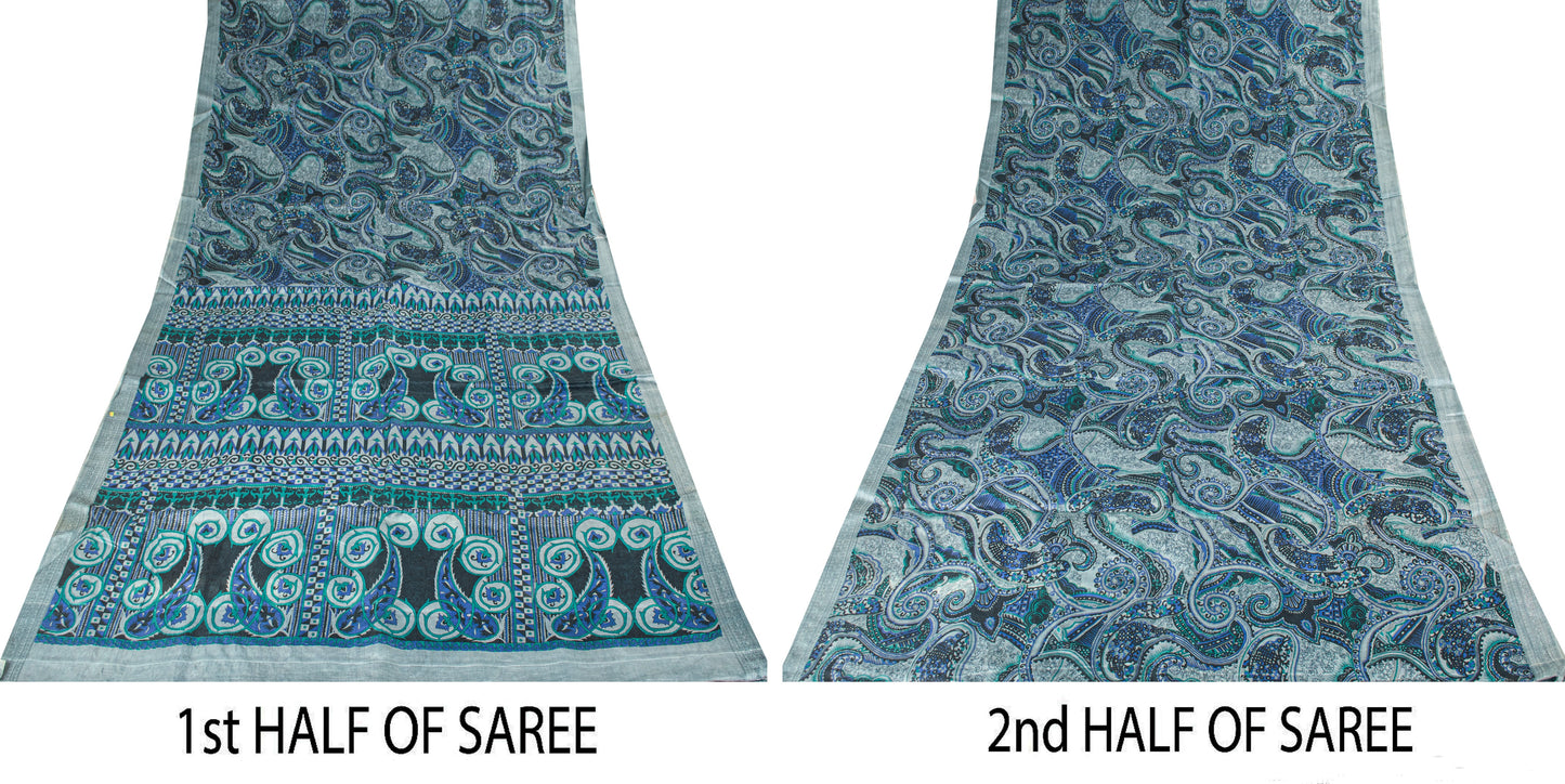 Sanskriti Vintage Sari Grey Pure Silk Paisley Print Woven Border Saree 5.5 Yard