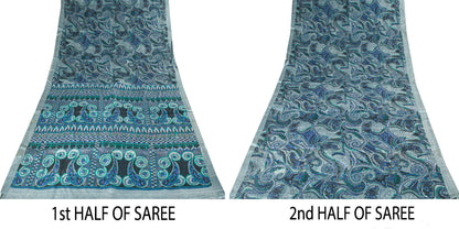 Sanskriti Vintage Sari Grey Pure Silk Paisley Print Woven Border Saree 5.5 Yard